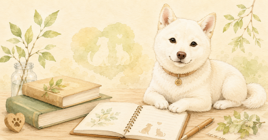 白い柴犬と本、ノート、葉を描いた動物愛護を学ぶカテゴリのイメージ