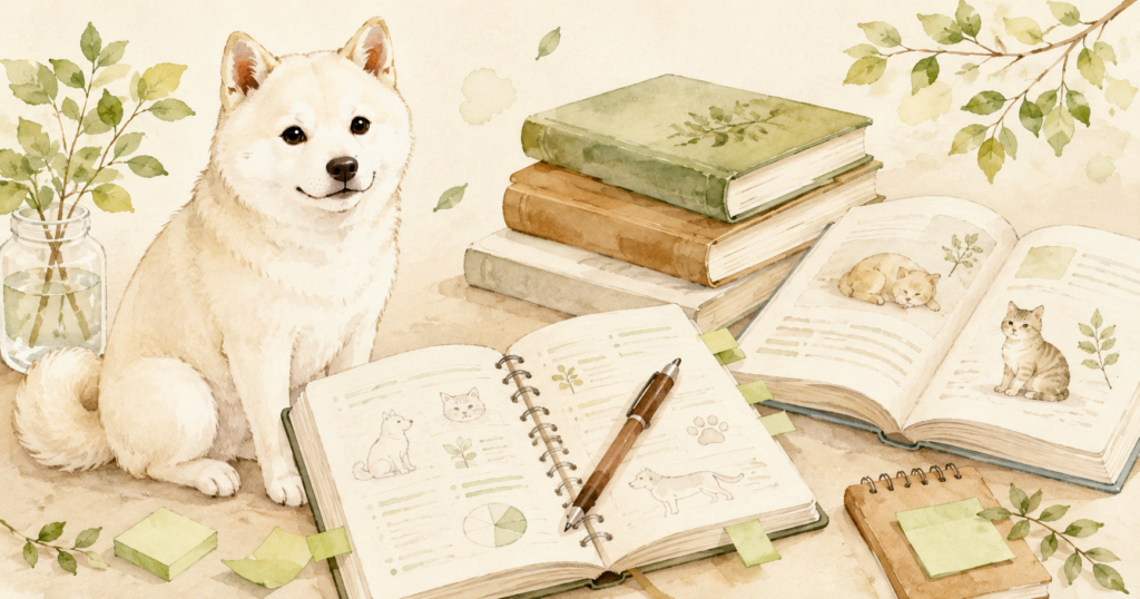白い柴犬と学習ノート、教科書、ペンを描いた愛玩動物飼養管理士カテゴリのイメージ