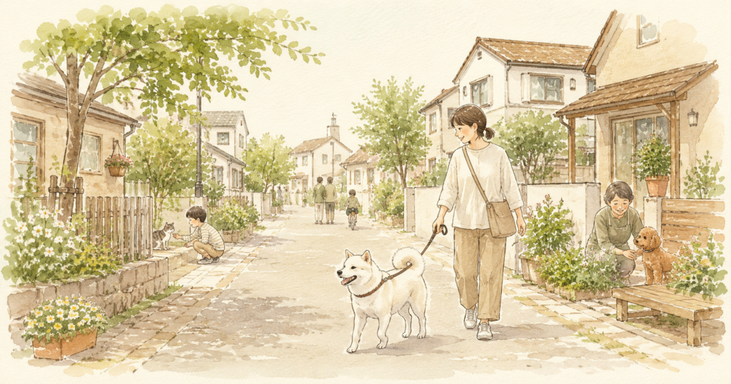 ペットと人が住宅街で穏やかに暮らす様子を描いたペット共生社会カテゴリのイメージ