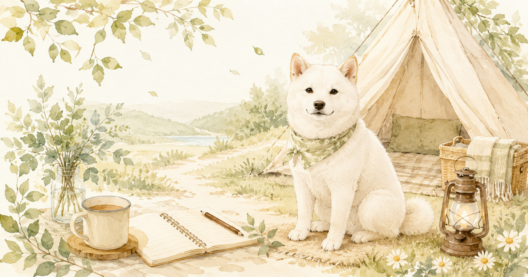 白い柴犬とテント、ランタン、ノートを描いたペットとの暮らしとおでかけカテゴリのイメージ