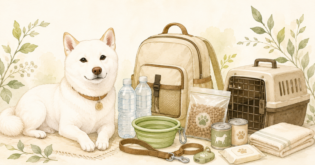 白い柴犬と防災バッグ、水、フード、クレートを描いたペット防災カテゴリのイメージ