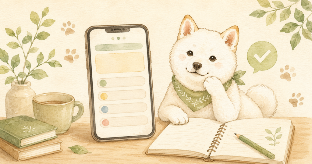 白い柴犬とスマホの4択クイズ画面、ノート、葉を描いたクイズアプリカテゴリのイメージ